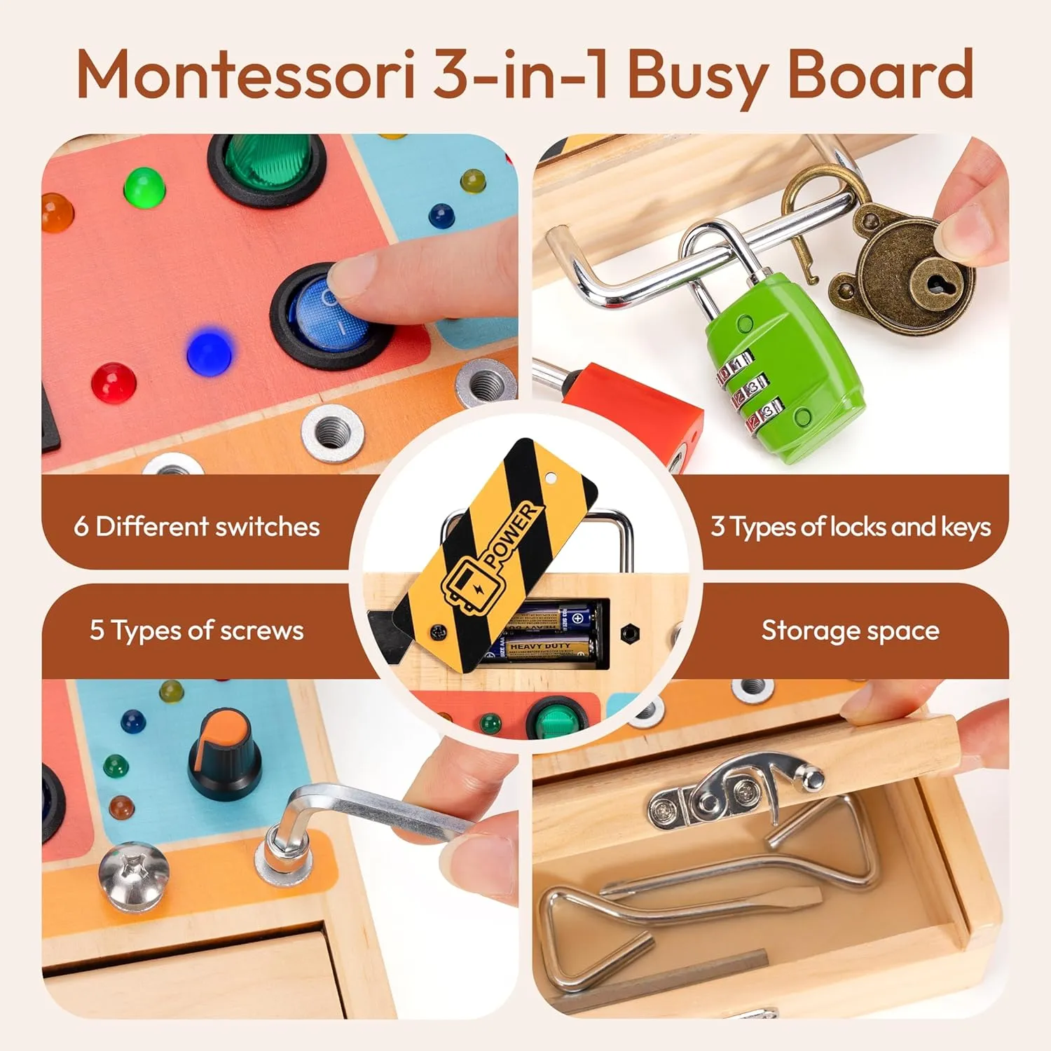 3-in-1 Montessori Busy Board, Wooden Sensory Toy for Toddlers with Led Light Switch, Lock and Key Toys, Educational Travel Toys Gifts for Boys and Girls 3-6