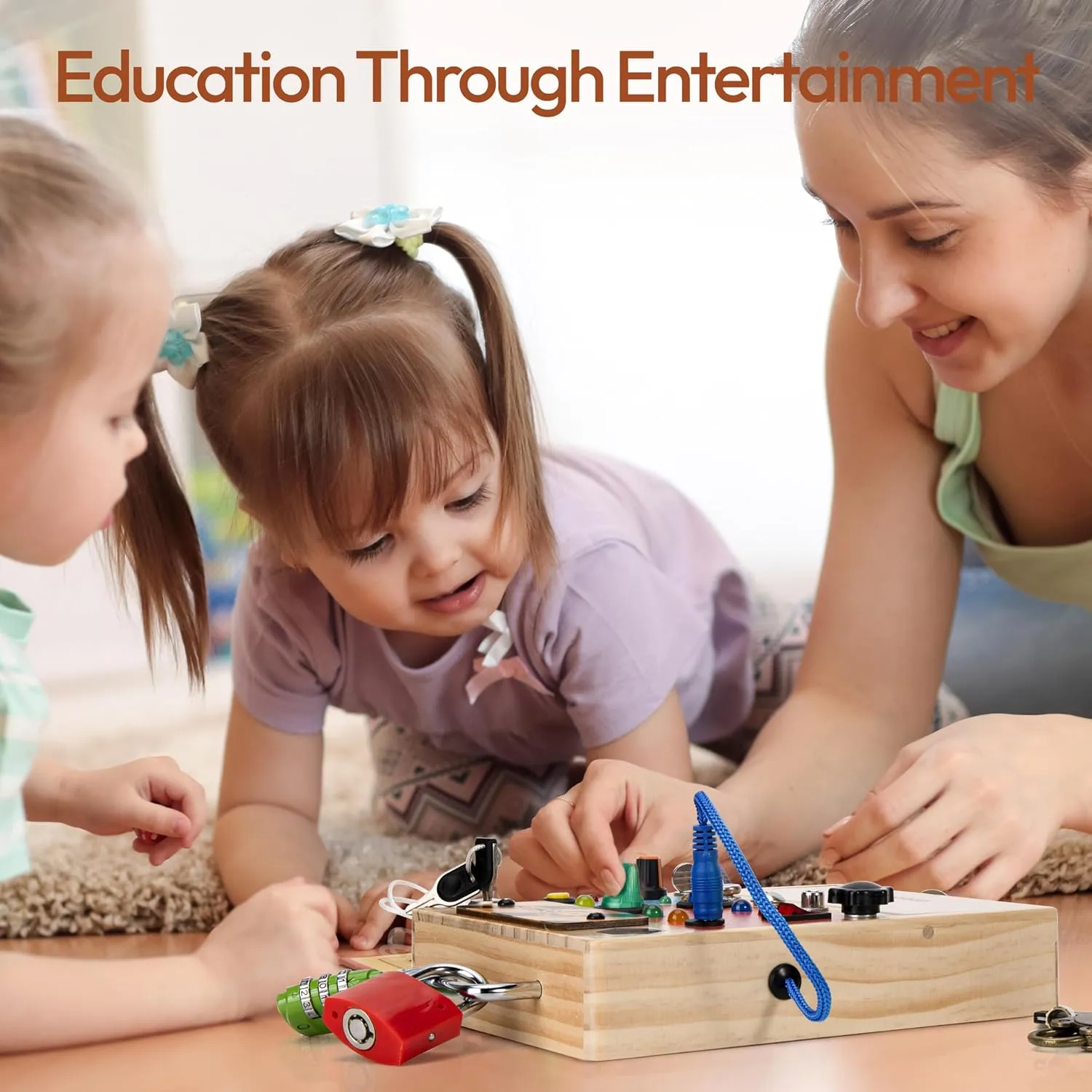 3-in-1 Montessori Busy Board, Wooden Sensory Toy for Toddlers with Led Light Switch, Lock and Key Toys, Educational Travel Toys Gifts for Boys and Girls 3-6