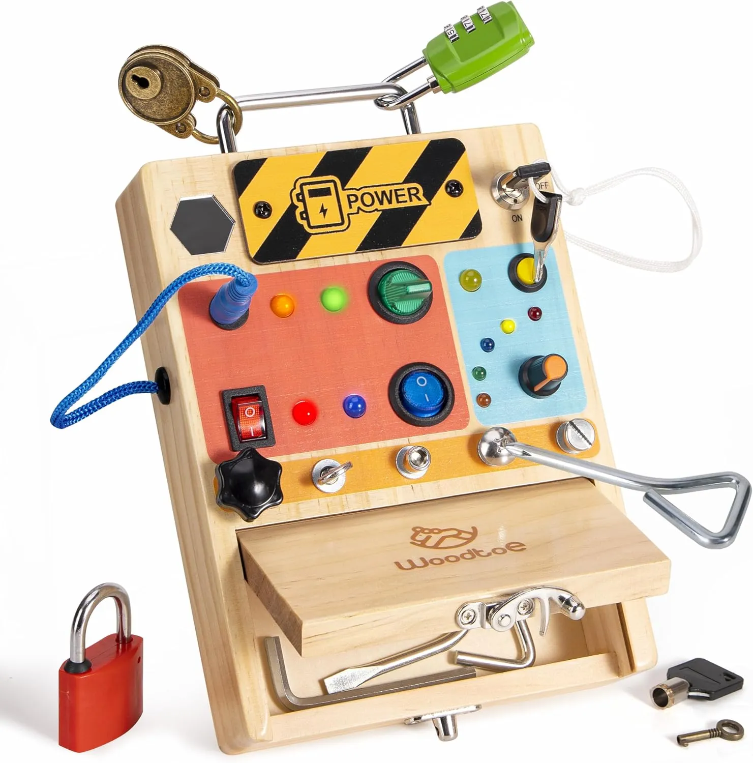 3-in-1 Montessori Busy Board, Wooden Sensory Toy for Toddlers with Led Light Switch, Lock and Key Toys, Educational Travel Toys Gifts for Boys and Girls 3-6