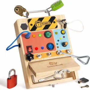 3-in-1 Montessori Busy Board, Wooden Sensory Toy for Toddlers with Led Light Switch, Lock and Key Toys, Educational Travel Toys Gifts for Boys and Girls 3-6