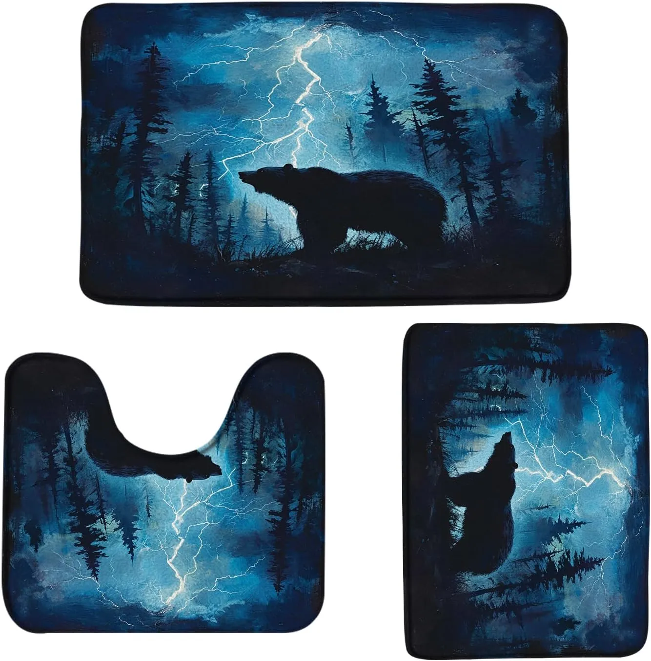 3 Pieces Forest Bear Bath Mat Set Wild Aniaml Misty Mountains Tree Foggy Wildlife Rustic Cabin Jungle Natural Hunting Lodge Bathroom Rugs Bedroom Laundry Kitchen Mats