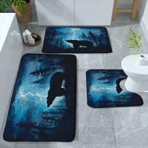 3 Pieces Forest Bear Bath Mat Set Wild Aniaml Misty Mountains Tree Foggy Wildlife Rustic Cabin Jungle Natural Hunting Lodge Bathroom Rugs Bedroom Laundry Kitchen Mats