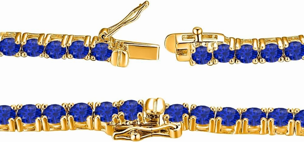 30.48 Ctw - 57.15 Ctw Round Cut Lab Created Blue Sapphire 14K Yellow Gold Plated 4mm Tennis Necklace 16" Inch -30" Inch For Men's & Women's