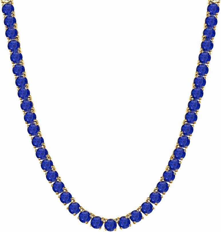 30.48 Ctw - 57.15 Ctw Round Cut Lab Created Blue Sapphire 14K Yellow Gold Plated 4mm Tennis Necklace 16" Inch -30" Inch For Men's & Women's