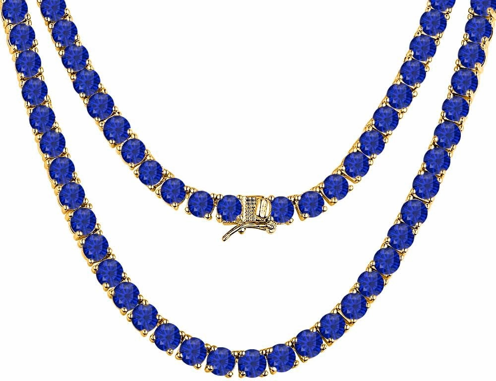 30.48 Ctw - 57.15 Ctw Round Cut Lab Created Blue Sapphire 14K Yellow Gold Plated 4mm Tennis Necklace 16" Inch -30" Inch For Men's & Women's