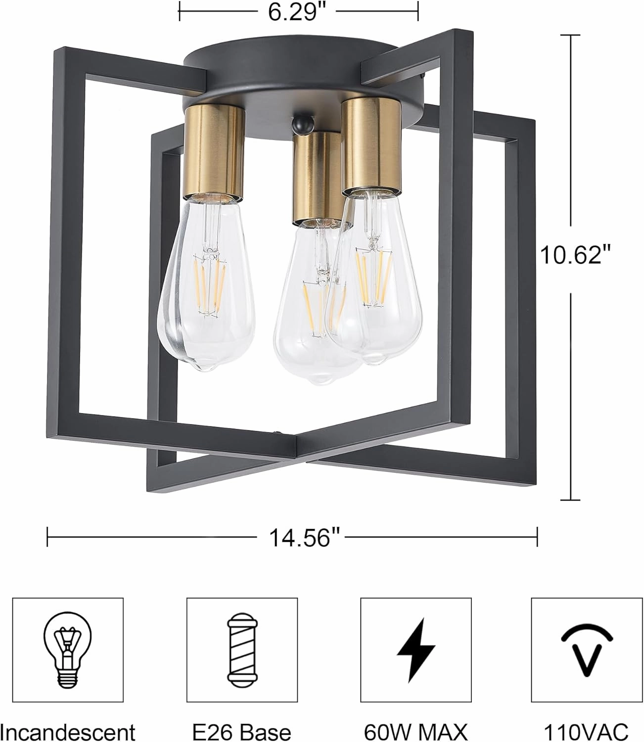 3-Light Ceiling Light Fixture, Black and Gold Semi-Flush Mount Chandelier with Geometric Metal Shade, Farmhouse Industrial Lighting for Kitchen Living Room Bedroom Hallway Foyer, E26 Base
