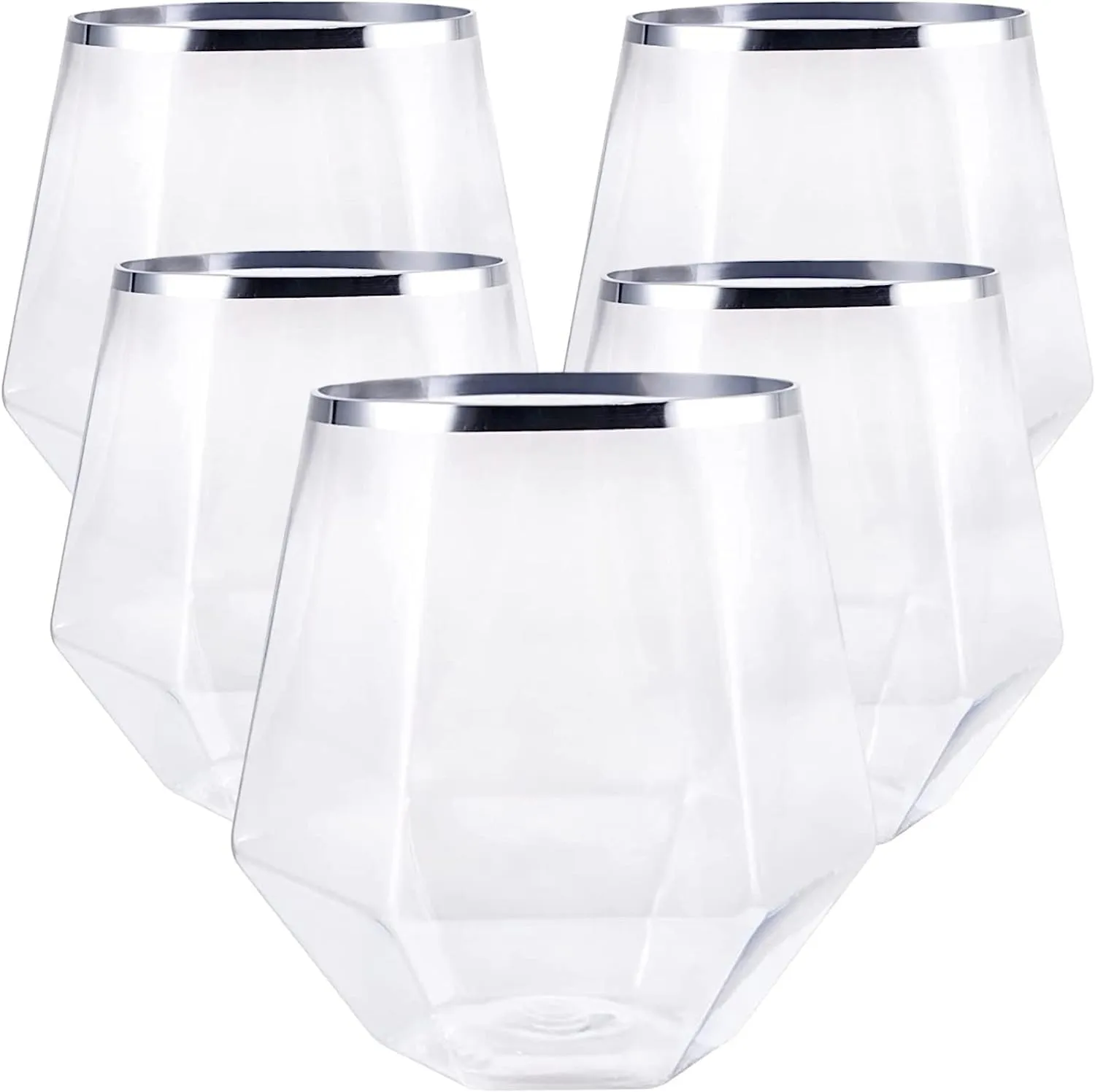 40 count Diamond Unbreakable Stemless Plastic Wine Champagne Whiskey Glasses Elegant Durable Disposable Indoor Outdoor Ideal for Home, Office, Bars, Wedding, 12 Ounce Cups Silver Rim (Silver)