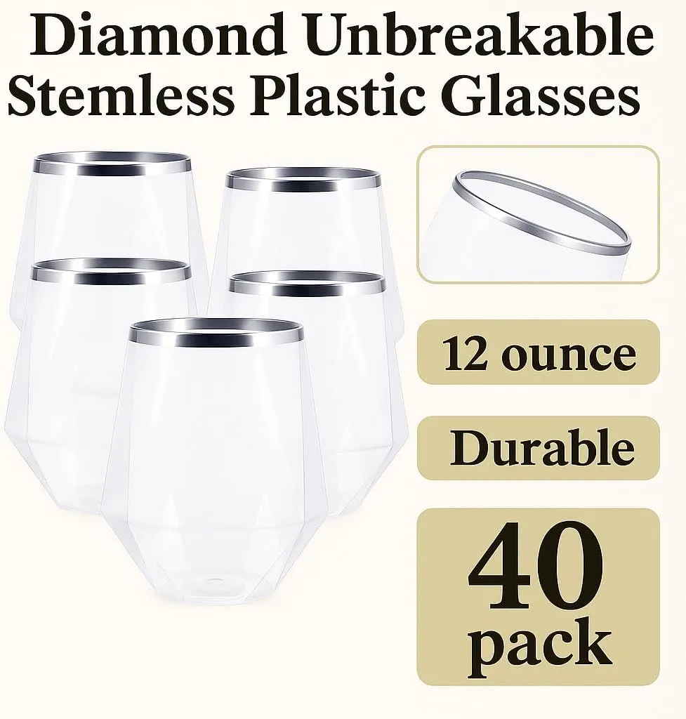 40 count Diamond Unbreakable Stemless Plastic Wine Champagne Whiskey Glasses Elegant Durable Disposable Indoor Outdoor Ideal for Home, Office, Bars, Wedding, 12 Ounce Cups Silver Rim (Silver)