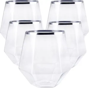40 count Diamond Unbreakable Stemless Plastic Wine Champagne Whiskey Glasses Elegant Durable Disposable Indoor Outdoor Ideal for Home, Office, Bars, Wedding, 12 Ounce Cups Silver Rim (Silver)