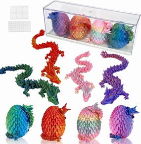 4 PCS 3D Printed Dragon Egg with Dragon Inside and Display Case, 56 Pcs Double Sided Adhesive Dots for Crystal Dragons and Eggs Sticky, Mystery 3D Printed Fidget Toys for Home Decor, Bithday, Easter