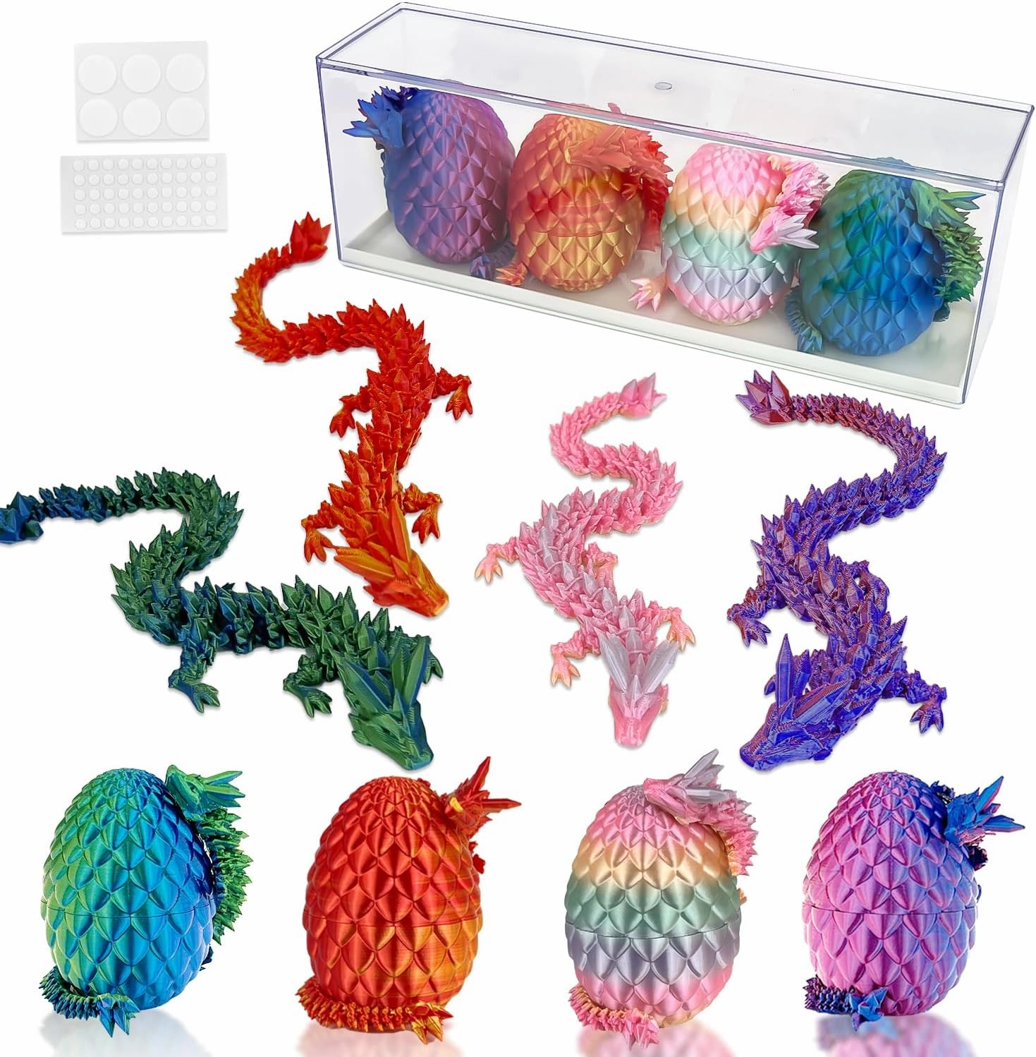 4 PCS 3D Printed Dragon Egg with Dragon Inside and Display Case, 56 Pcs Double Sided Adhesive Dots for Crystal Dragons and Eggs Sticky, Mystery 3D Printed Fidget Toys for Home Decor, Bithday, Easter