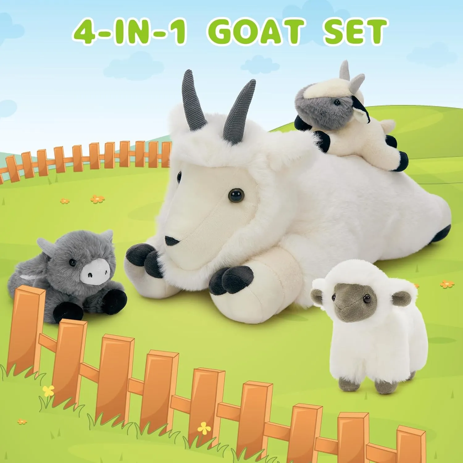 4Pcs Goat Plush Set, Big Mom Goat Stuffed Animal with 3 Baby Goat Plush Toys, 18" Zoo Animal Stuffed Toy Gift for Girls Boys Kids, Cuddly Farm Animal Plushies for Christmas Children's Day