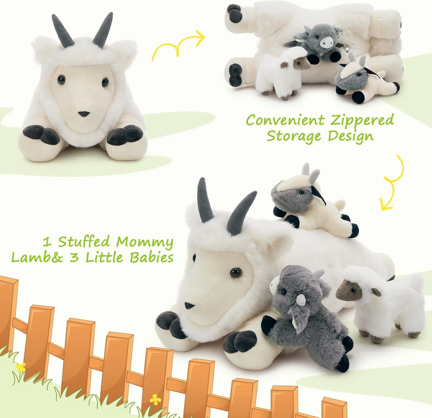 4Pcs Goat Plush Set, Big Mom Goat Stuffed Animal with 3 Baby Goat Plush Toys, 18" Zoo Animal Stuffed Toy Gift for Girls Boys Kids, Cuddly Farm Animal Plushies for Christmas Children's Day