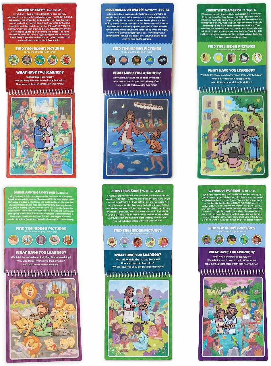6 Pack of Aqua Brush, Water Reveal, Coloring Scripture Activity Book for Kids. (6 Pack Bible & Book of Mormon Set)