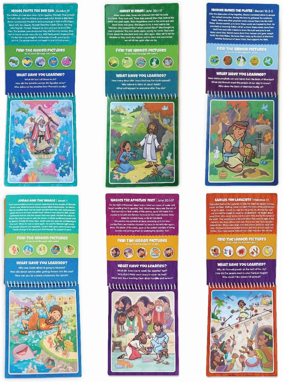 6 Pack of Aqua Brush, Water Reveal, Coloring Scripture Activity Book for Kids. (6 Pack Bible & Book of Mormon Set)