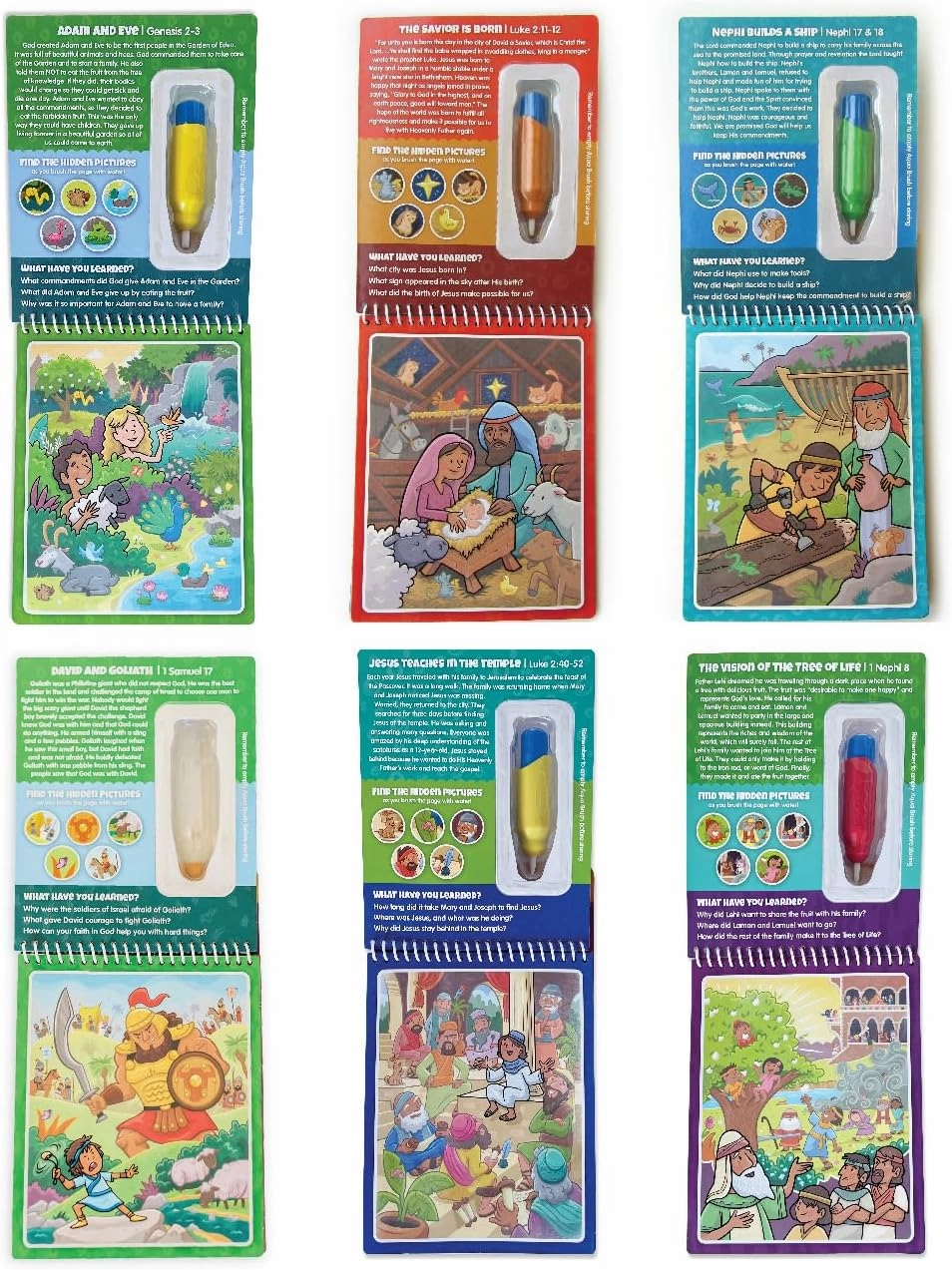 6 Pack of Aqua Brush, Water Reveal, Coloring Scripture Activity Book for Kids. (6 Pack Bible & Book of Mormon Set)
