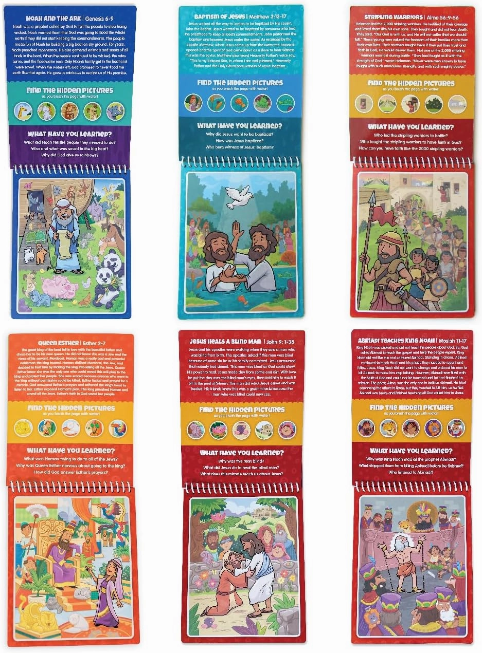 6 Pack of Aqua Brush, Water Reveal, Coloring Scripture Activity Book for Kids. (6 Pack Bible & Book of Mormon Set)