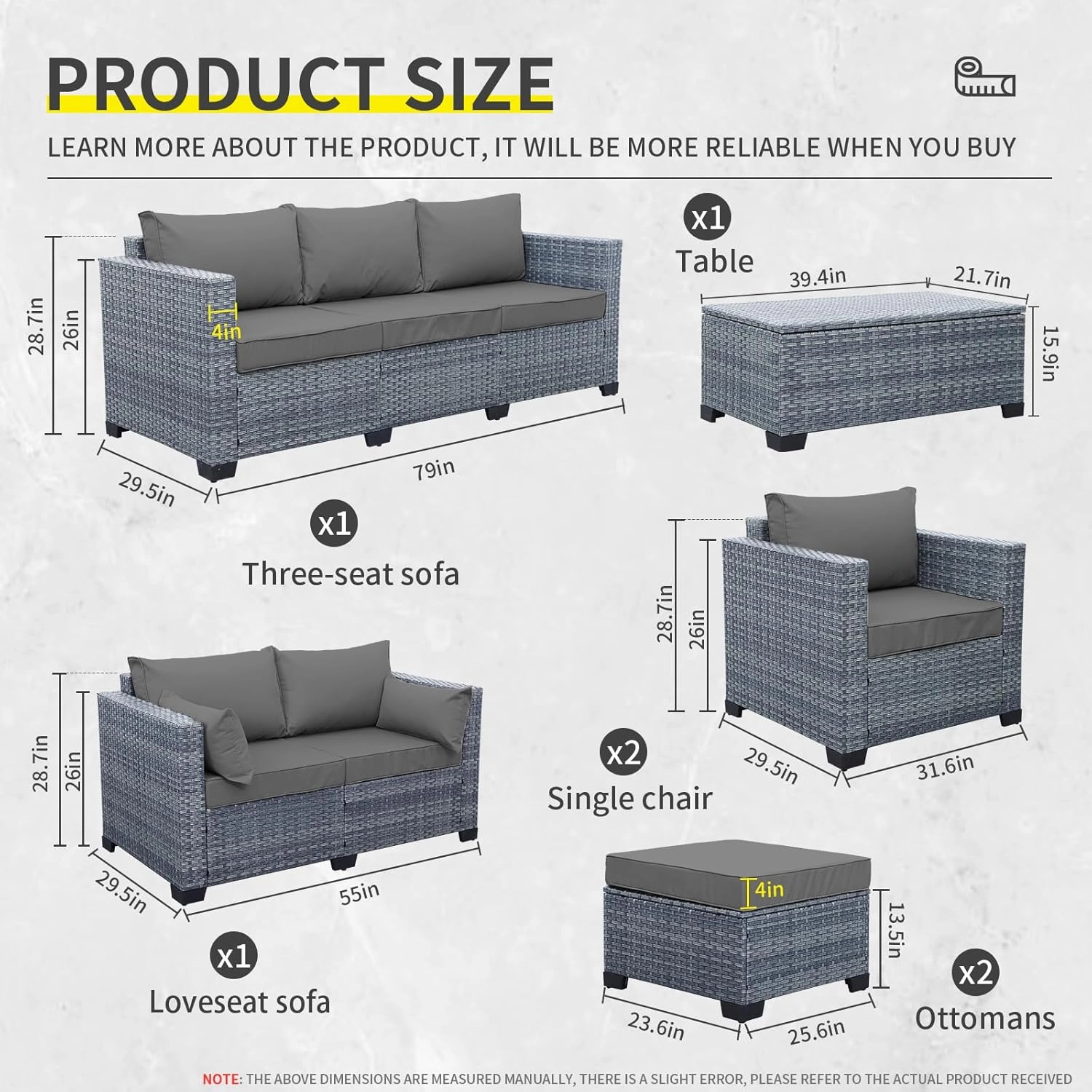 7 Piece Wicker Patio Furniture Sets Outdoor Conversation Set, PE Rattan Sectional Sofa Couch with Storage Table and Non-Slip Grey Cushions, Furniture Covers Included