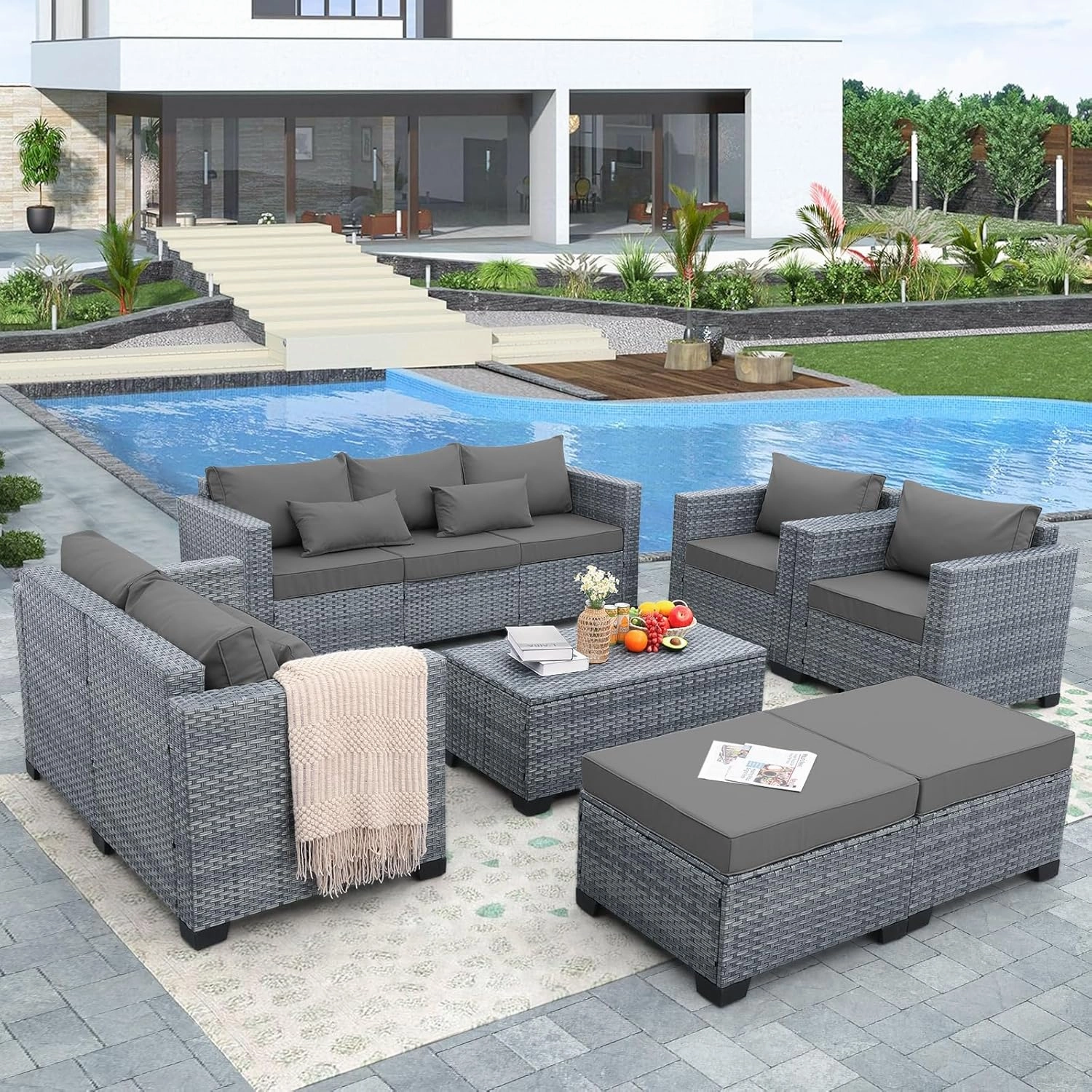 7 Piece Wicker Patio Furniture Sets Outdoor Conversation Set, PE Rattan Sectional Sofa Couch with Storage Table and Non-Slip Grey Cushions, Furniture Covers Included
