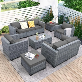 7 Piece Wicker Patio Furniture Sets Outdoor Conversation Set, PE Rattan Sectional Sofa Couch with Storage Table and Non-Slip Grey Cushions, Furniture Covers Included