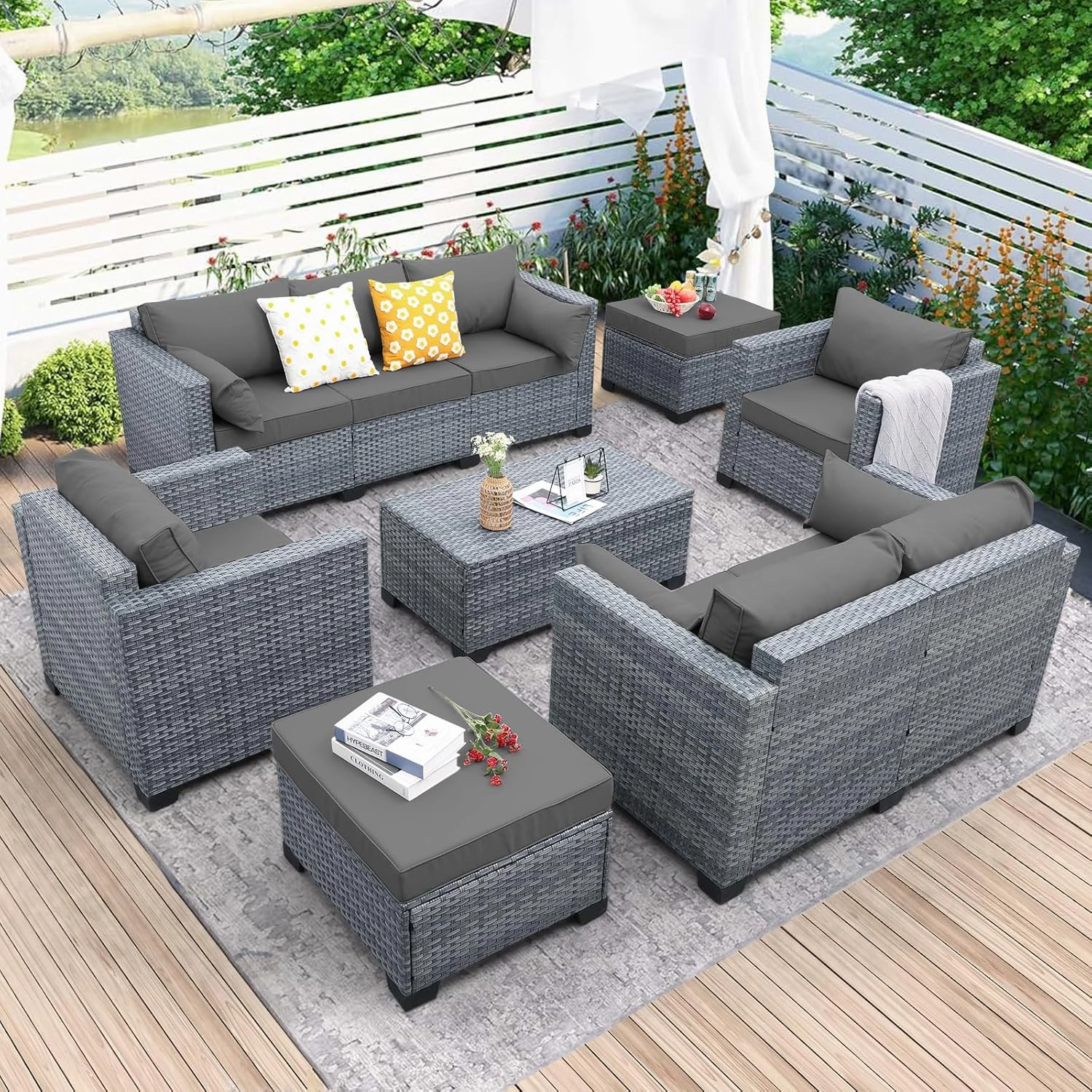 7 Piece Wicker Patio Furniture Sets Outdoor Conversation Set, PE Rattan Sectional Sofa Couch with Storage Table and Non-Slip Grey Cushions, Furniture Covers Included