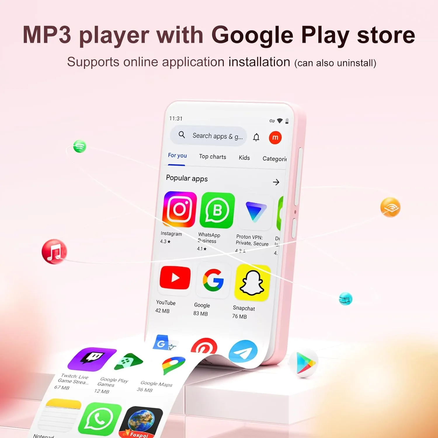 80GB MP3 Player with Bluetooth and WiFi, Android Player with Speaker Mp3 & Mp4 Music Player with Spotify, Amazon Music, Browser, Deezer, 4.0" Touch Screen, Download Music,Up to 512GB (Pink)