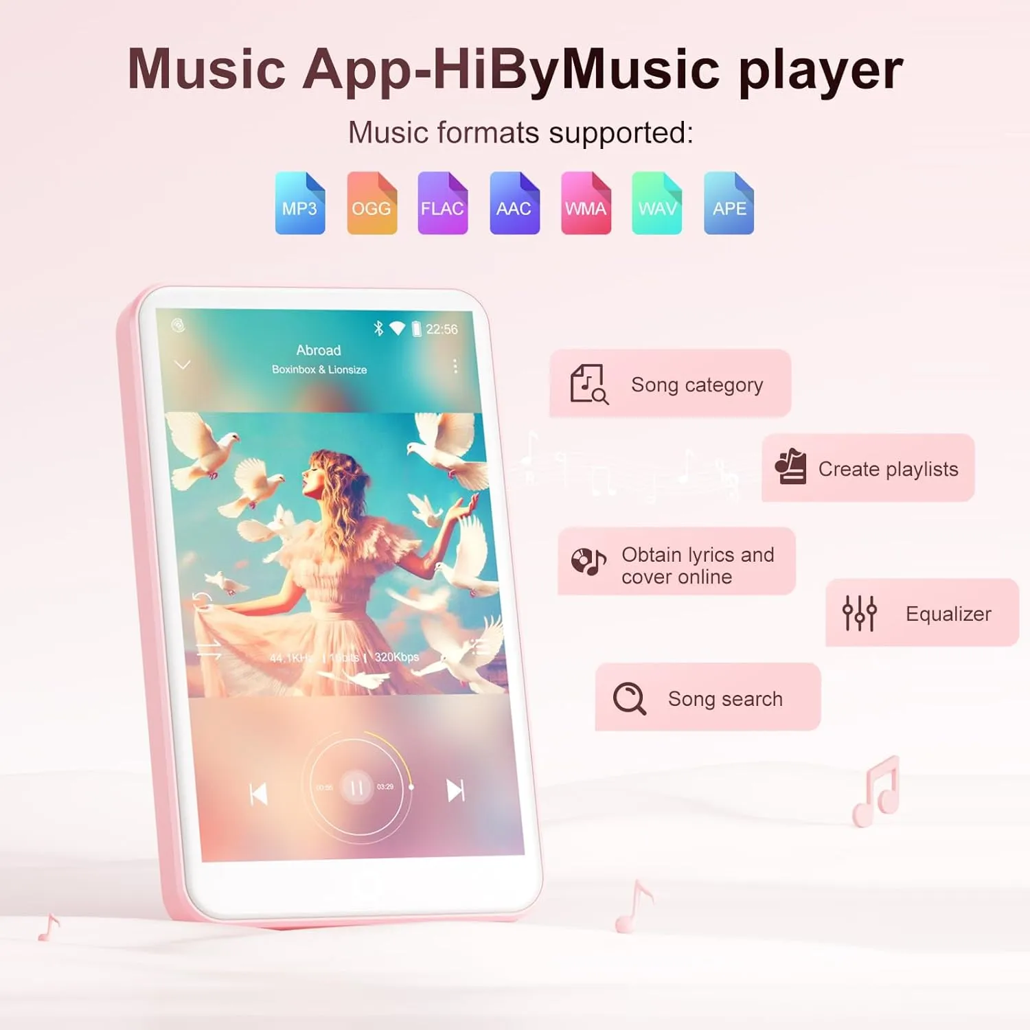 80GB MP3 Player with Bluetooth and WiFi, Android Player with Speaker Mp3 & Mp4 Music Player with Spotify, Amazon Music, Browser, Deezer, 4.0" Touch Screen, Download Music,Up to 512GB (Pink)