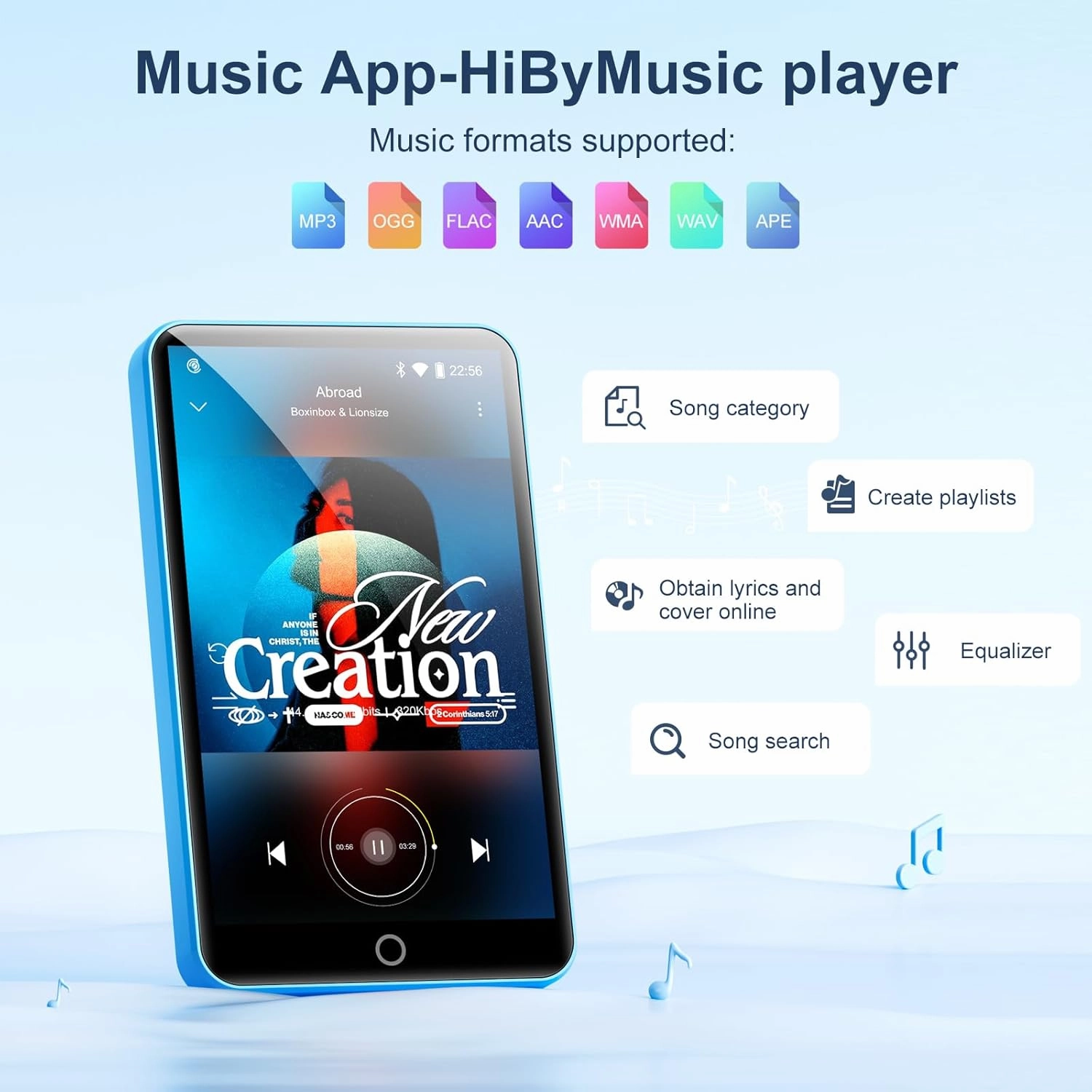 80GB MP3 Player with Bluetooth and WiFi, Android Player with Speaker Mp3 & Mp4 Music Player with Spotify, Amazon Music, Browser, Deezer, 4.0" Touch Screen, Download Music,Up to 512GB (Light Blue)
