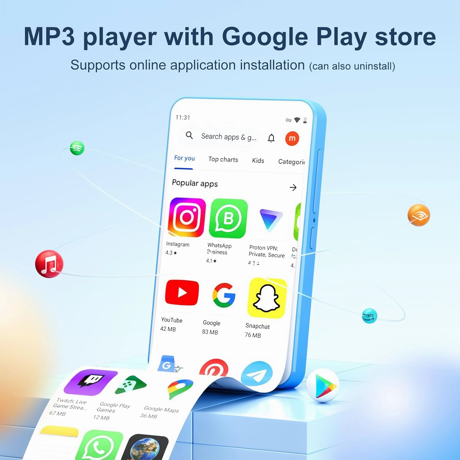 80GB MP3 Player with Bluetooth and WiFi, Android Player with Speaker Mp3 & Mp4 Music Player with Spotify, Amazon Music, Browser, Deezer, 4.0" Touch Screen, Download Music,Up to 512GB (Light Blue)