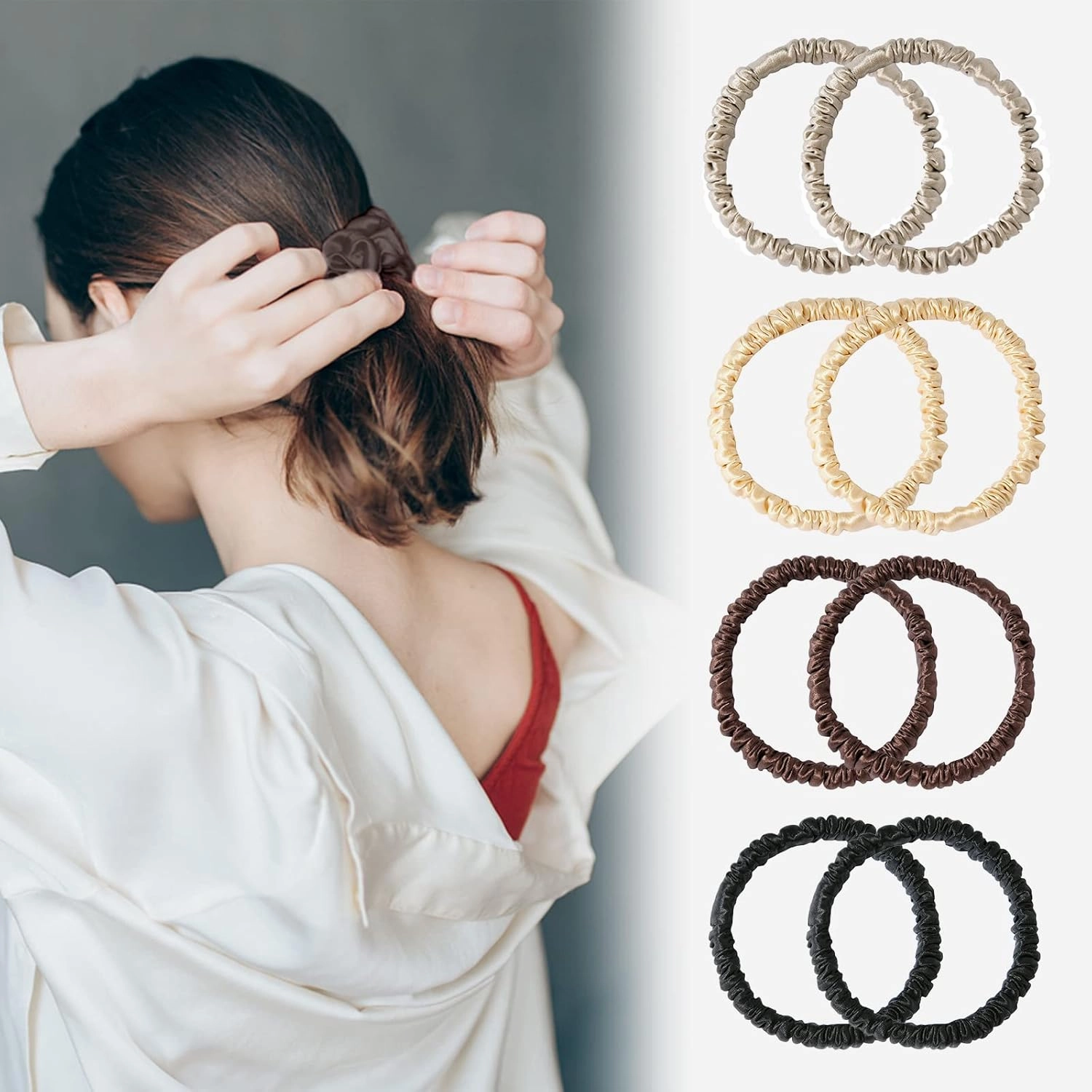 8 Set 100% Pure Mulberry Silk Hair-Friendly   Luxurious Elastic Skinny Scrunchies Travel Pouch Everyday Hair Ties Elastics Hair Care Ponytail Holder No Damage