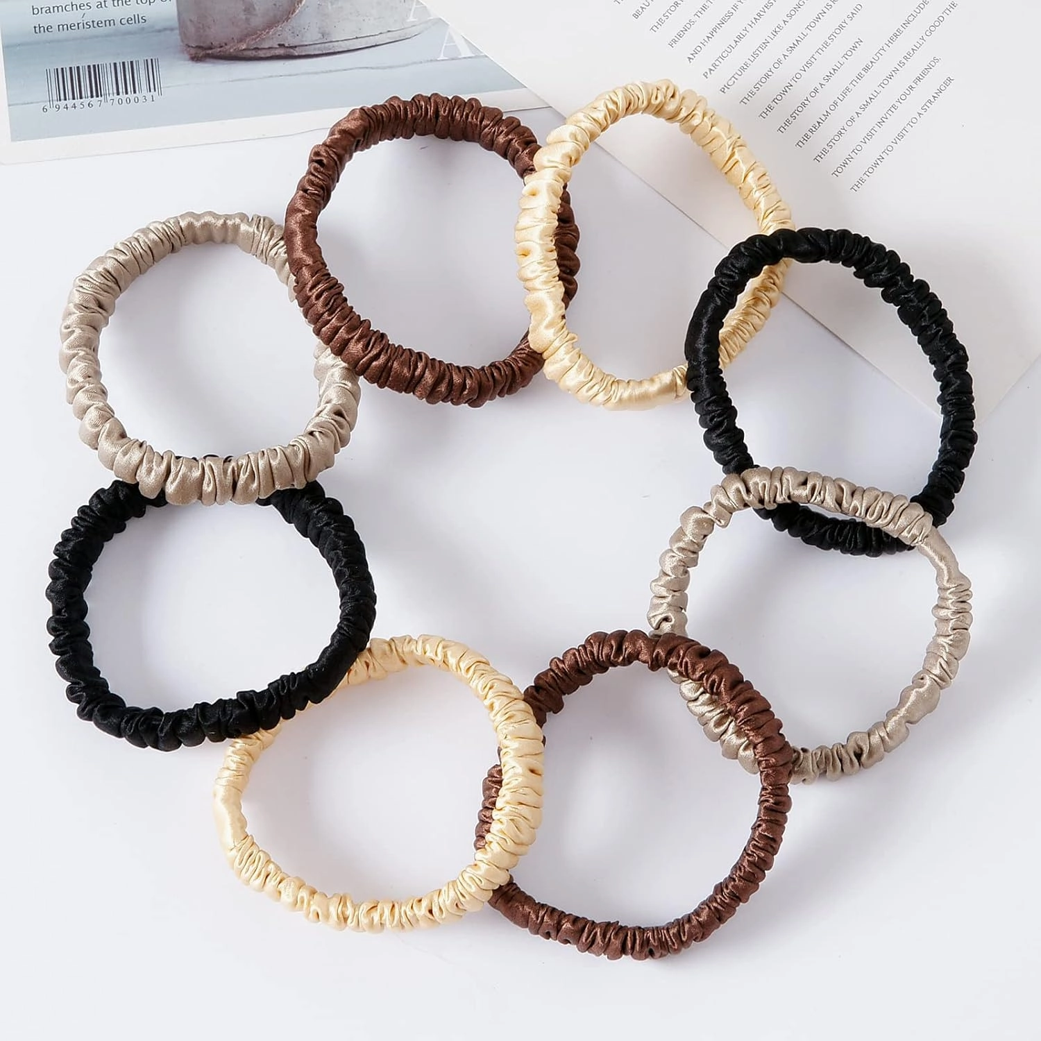 8 Set 100% Pure Mulberry Silk Hair-Friendly   Luxurious Elastic Skinny Scrunchies Travel Pouch Everyday Hair Ties Elastics Hair Care Ponytail Holder No Damage