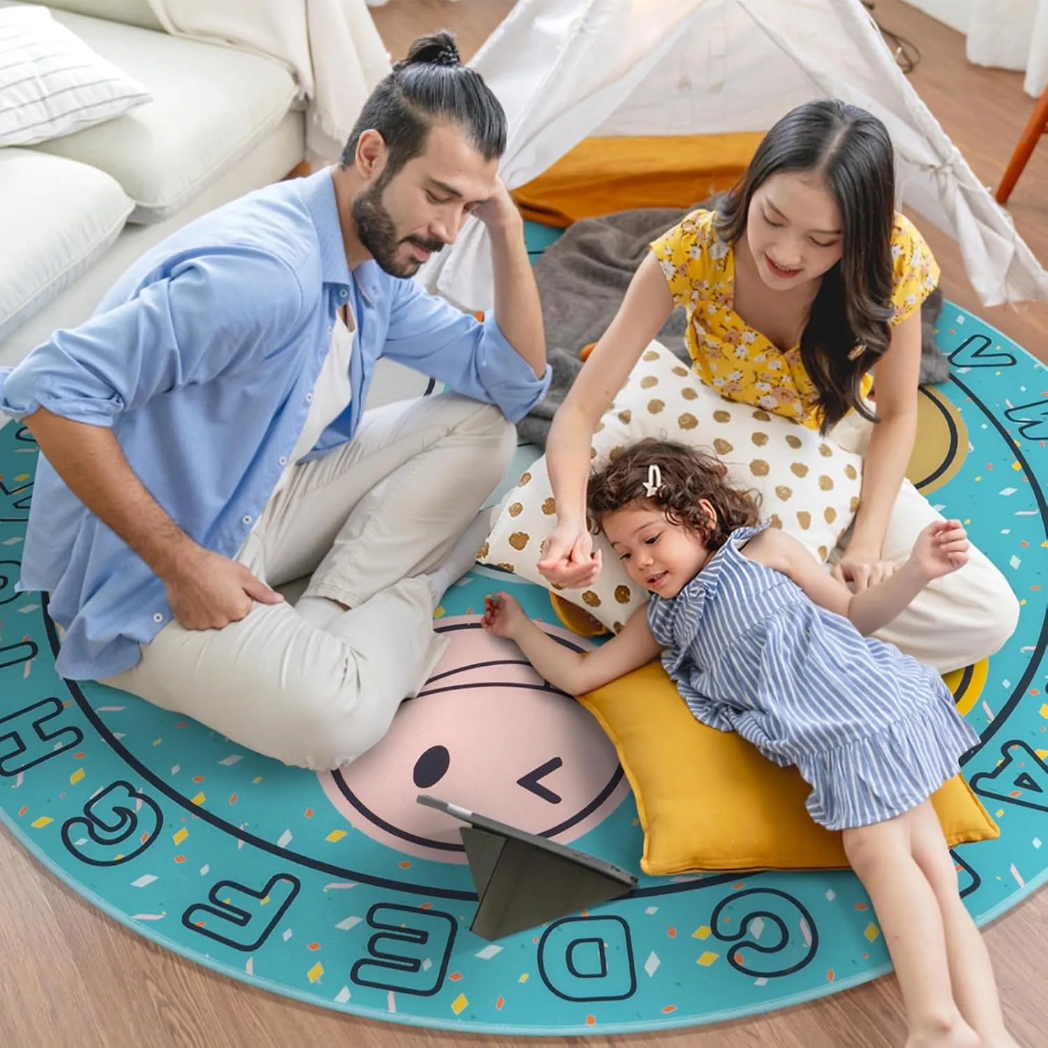 ABC Alphabet Rug for Kids, Classroom Playmat 6ft Non-Slip Circle Rugs for playroom, Round Area Rug for Elementary Classroom, Play Carpet for Boys Girls Bedrooms Playroom,Nursery Rugs-Blue