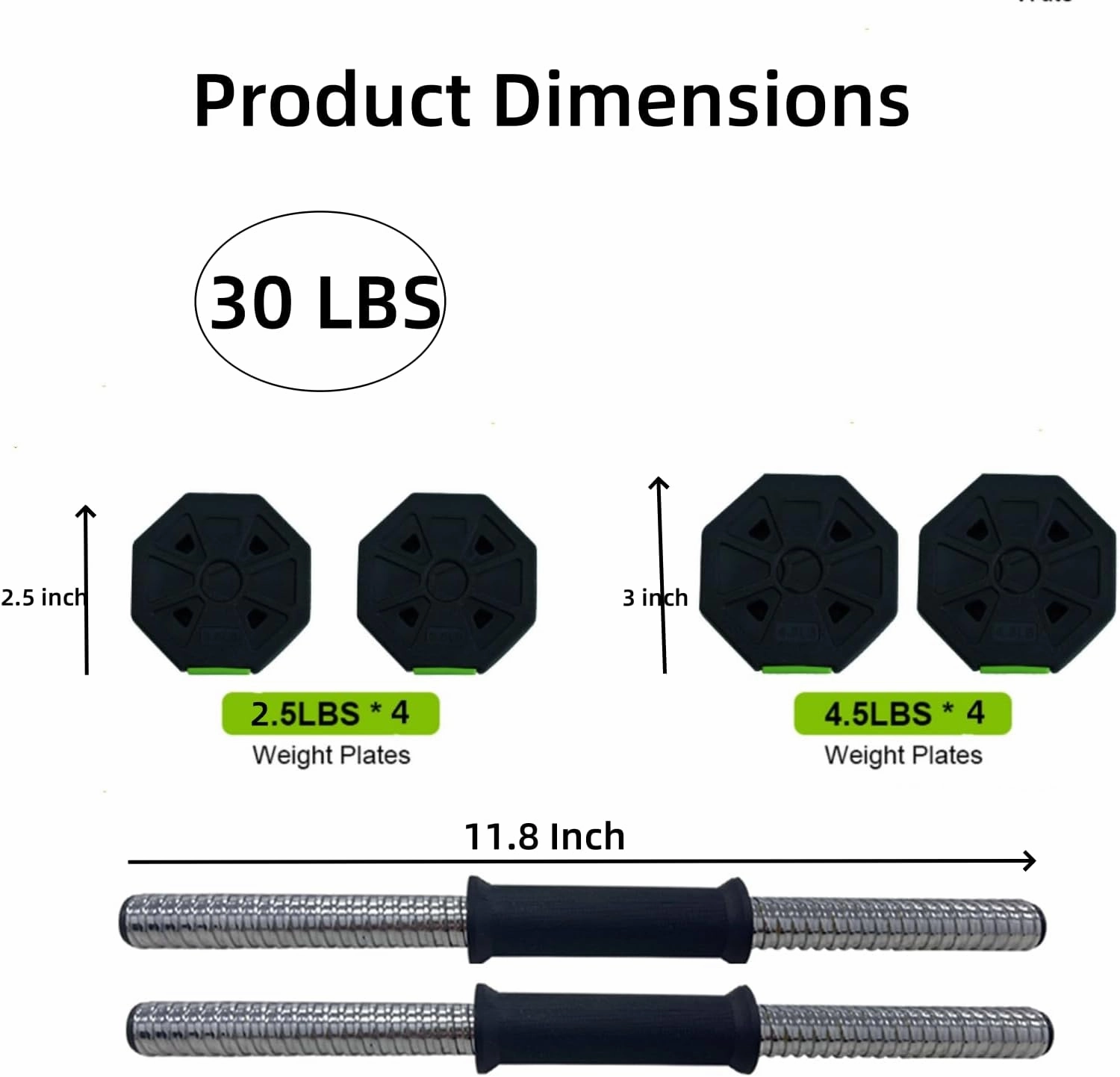 Adjustable Dumbbell Set with Iron Handle, 30lbs/44lbs Weight Set, Green and Black, Octagon Head