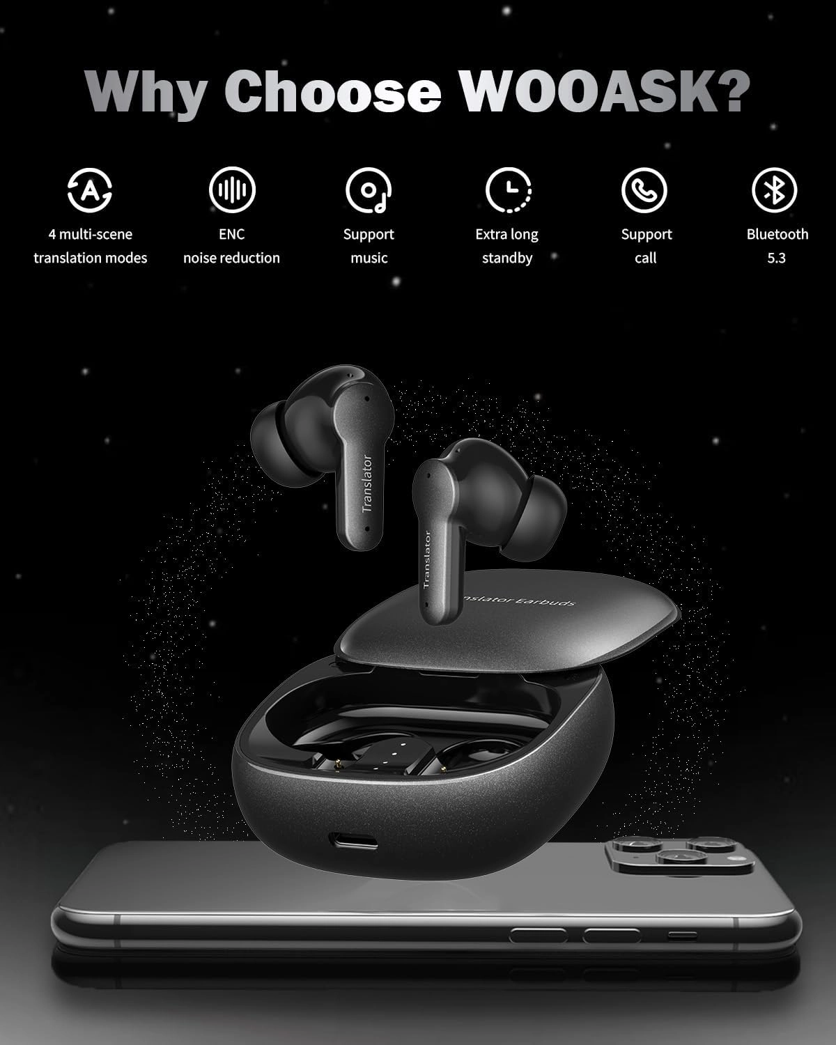 AI Translation Earbuds Real Time, Translator Earbuds Support 144 Languages & Accents, Audifonos Traductores Inglés Español, 3-in-1 Smart Bluetooth Headphones Ideal for Travel Business Learning (Black)