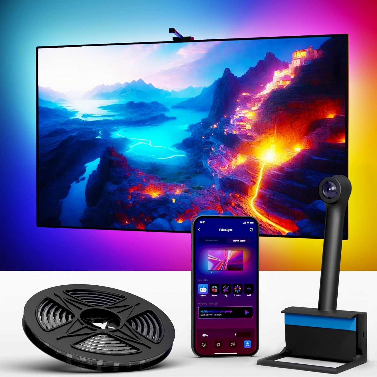Ailofy Smart TV LED Backlight with Camera for 55-65 inch Screens, 12.5ft LED Strip Lights Sync to Screen& Music, Color Changing Lights for TV Work with Alexa & Google Assistant, App Control