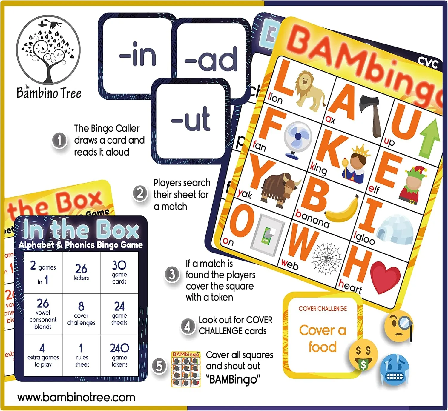 Alphabet and Phonics Bingo - ABC Learning Letter Recognition and CVC Words with Pictures - Phonics Games for Kids Ages 3-6 yrs Preschool Kindergarten