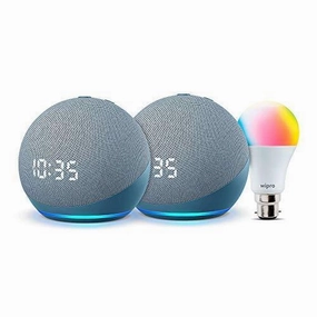 Amazon Echo Dot (4th Gen, Blue) with clock gift twin pack with Wipro 9W smart color bulb Refurbished