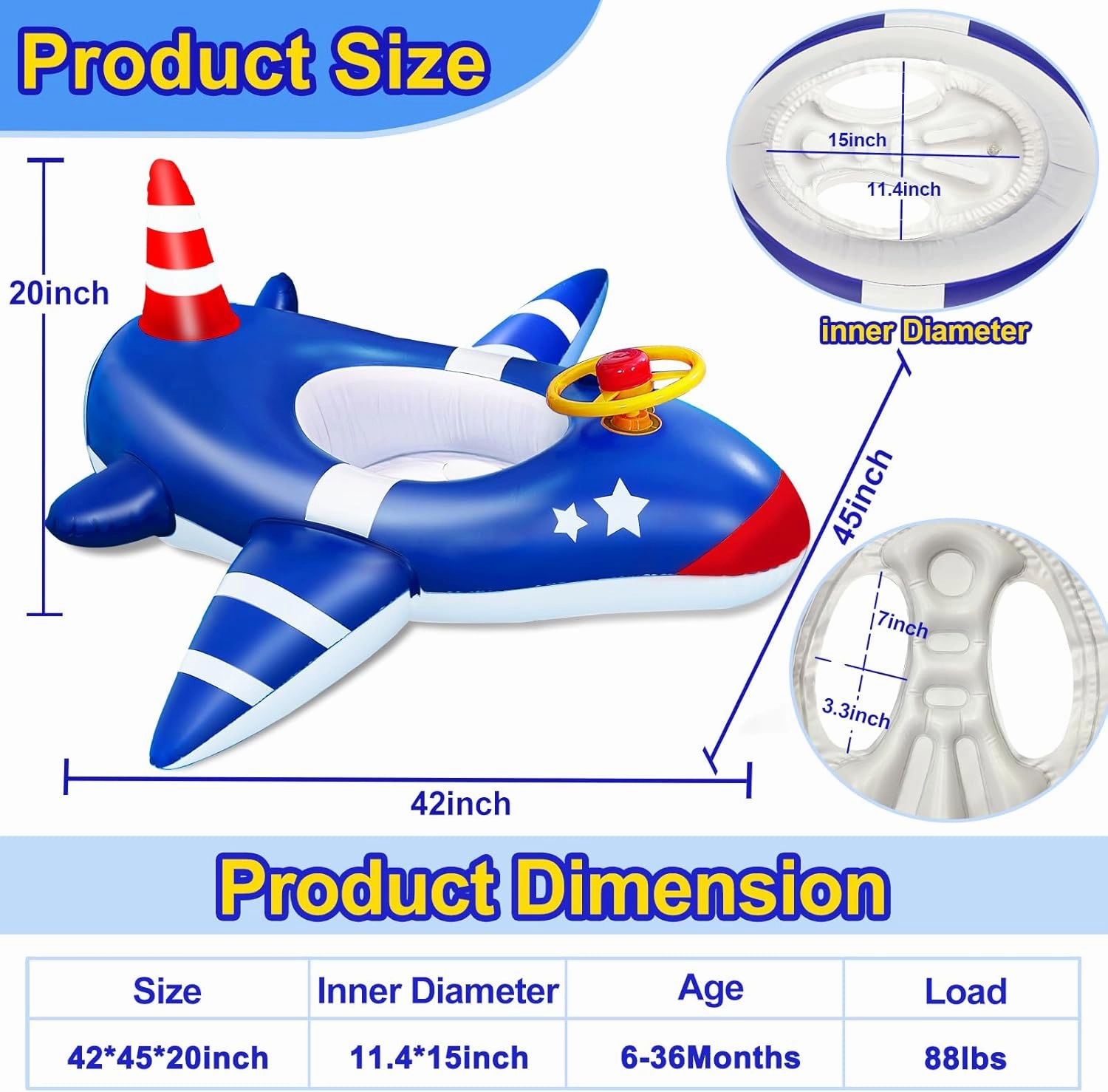 AMENON Toddler Pool Float with Safety Seat & Backrest, Large American Flag Airplane Swimming Pool Floats Kids Patriotic Summer Beach Toys Pool Floaties for Baby Toddlers Kids Age 1-4 Years