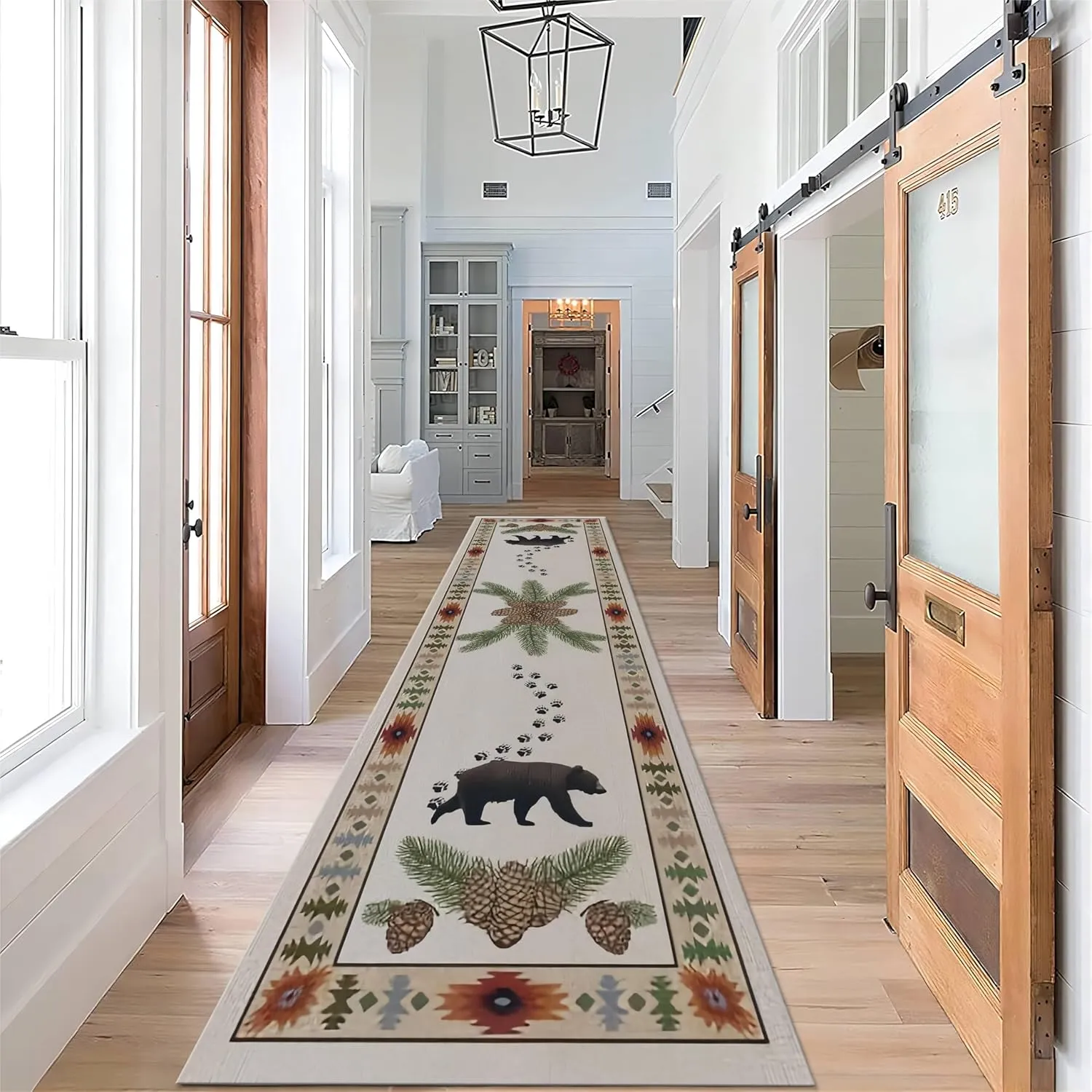 American Southwest Country Runner Rug, Brown Bear Paw Pinecone Forest, 2x7ft, Non Slip Backing, Pet Friendly, Low Pile