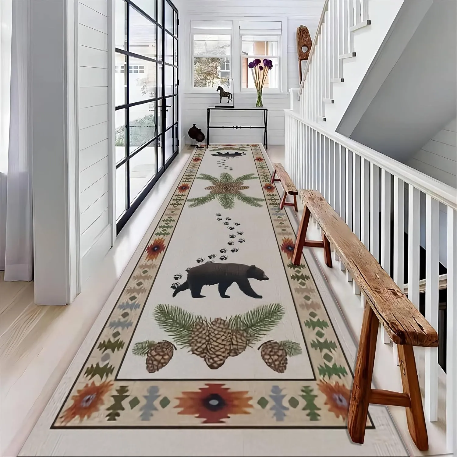 American Southwest Country Runner Rug, Brown Bear Paw Pinecone Forest, 2x7ft, Non Slip Backing, Pet Friendly, Low Pile