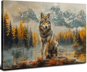 Animal Wall Art Wild Wolf Painting Picture Wilderness Forest Mountains Watercolor Print Glacier Mountain Nature Poster Woodland Wildlife Wall Decor for Bathroom Nursery Interior Home Decoration 16x24"