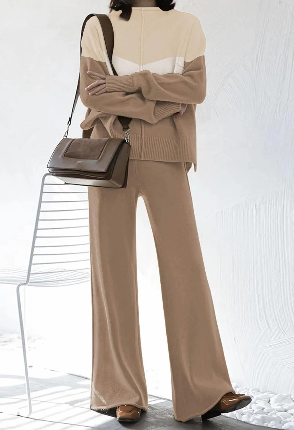 AOHITE Womens 2 Piece Outfit Set Long Sleeve Knit Pullover Sweater Top and Wide Leg Pants Sweatsuit