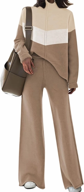 AOHITE Womens 2 Piece Outfit Set Long Sleeve Knit Pullover Sweater Top and Wide Leg Pants Sweatsuit