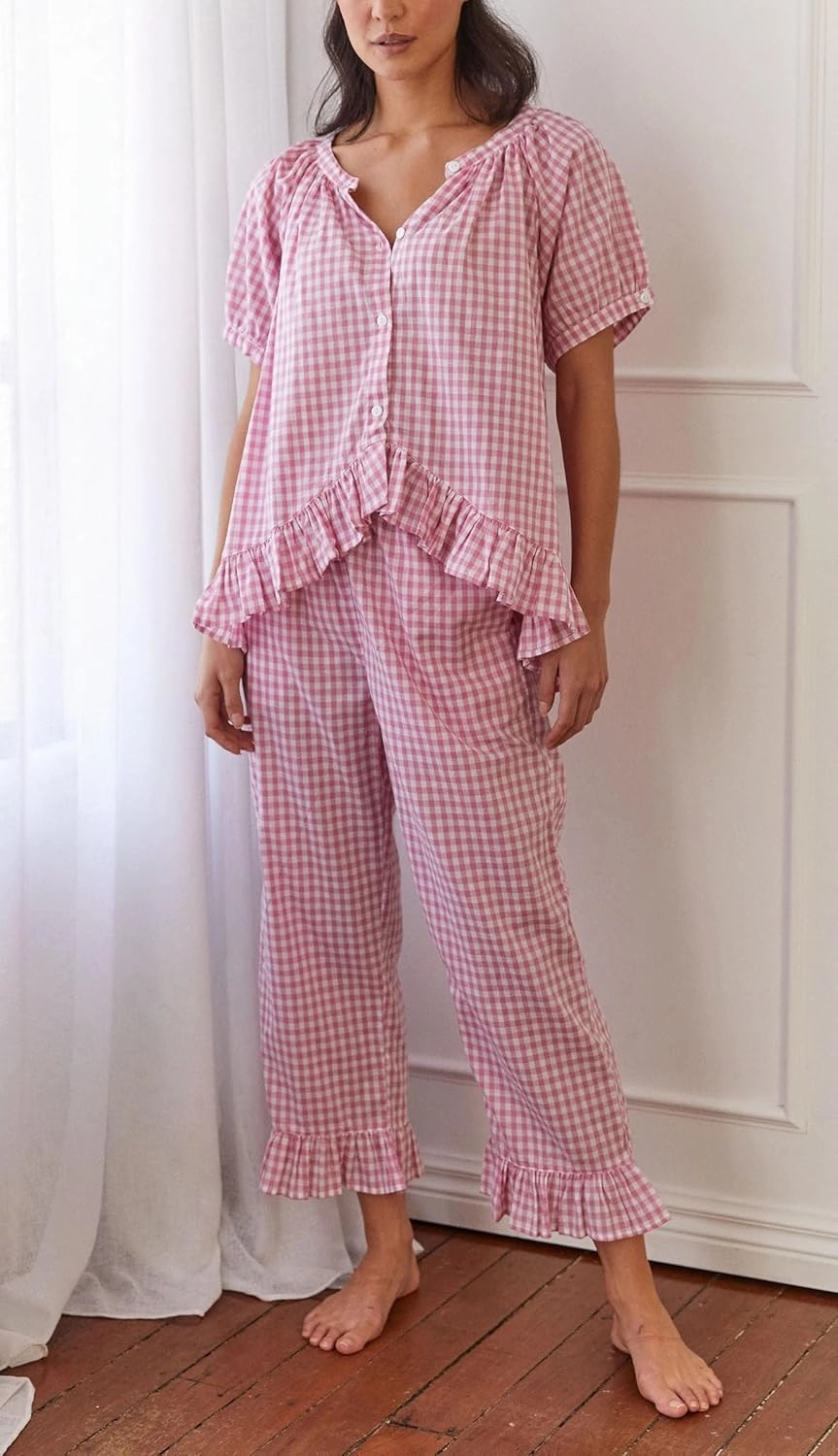Argeousgor Women Plaid 2 Piece Pajama Set Button Down Puff Sleeve Babydoll Shirt Gingham Pants Pj Lounge Set Sleepwear