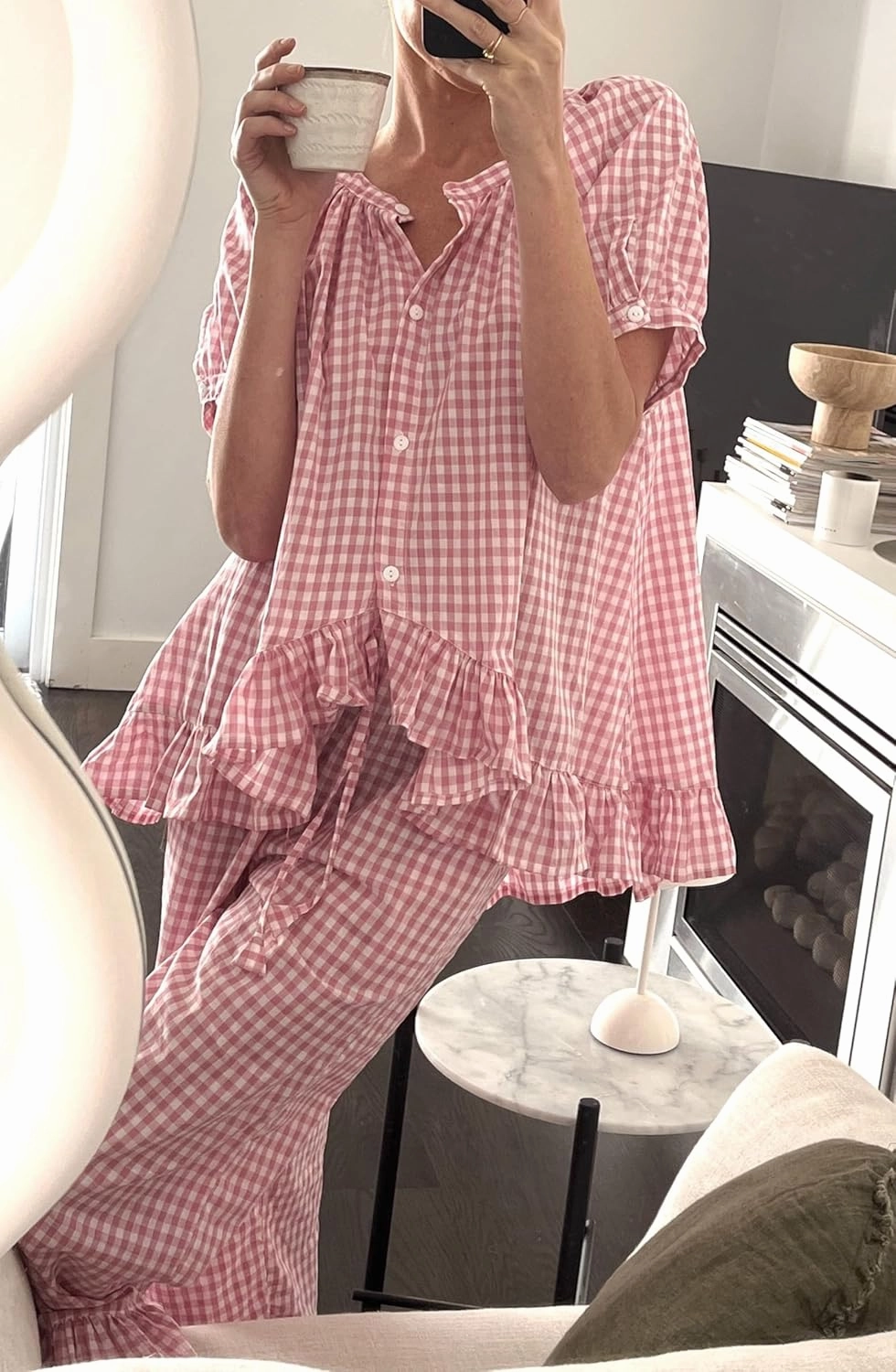 Argeousgor Women Plaid 2 Piece Pajama Set Button Down Puff Sleeve Babydoll Shirt Gingham Pants Pj Lounge Set Sleepwear