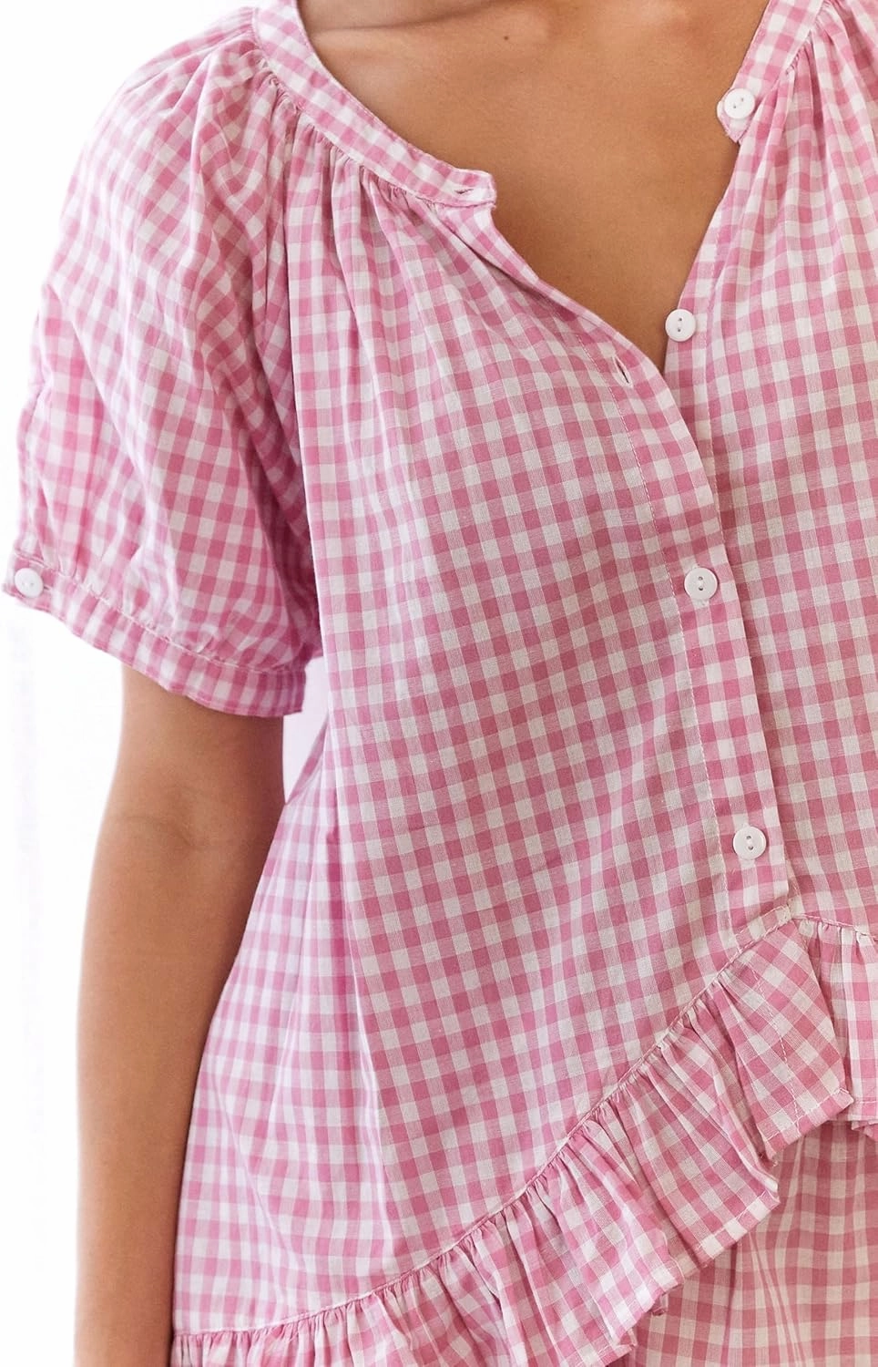 Argeousgor Women Plaid 2 Piece Pajama Set Button Down Puff Sleeve Babydoll Shirt Gingham Pants Pj Lounge Set Sleepwear