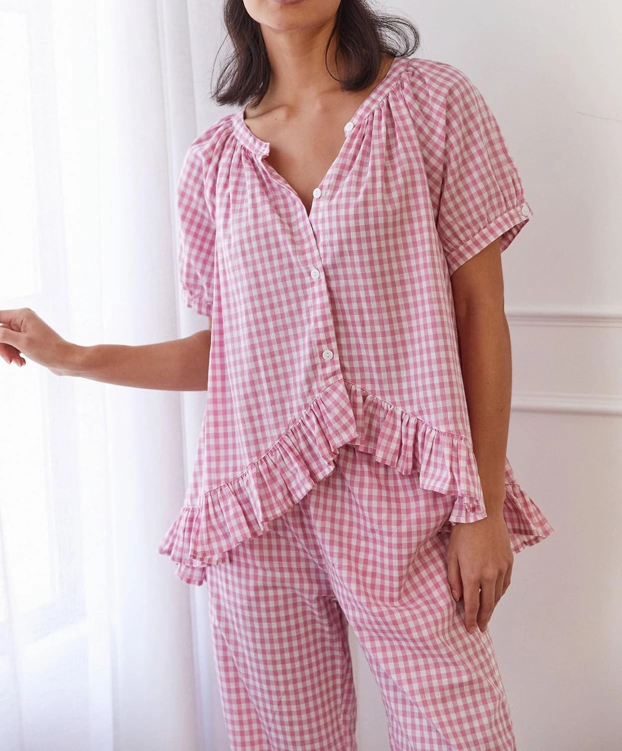 Argeousgor Women Plaid 2 Piece Pajama Set Button Down Puff Sleeve Babydoll Shirt Gingham Pants Pj Lounge Set Sleepwear