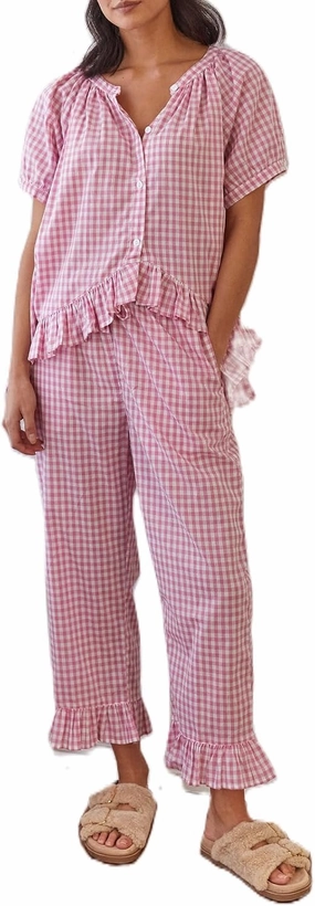 Argeousgor Women Plaid 2 Piece Pajama Set Button Down Puff Sleeve Babydoll Shirt Gingham Pants Pj Lounge Set Sleepwear