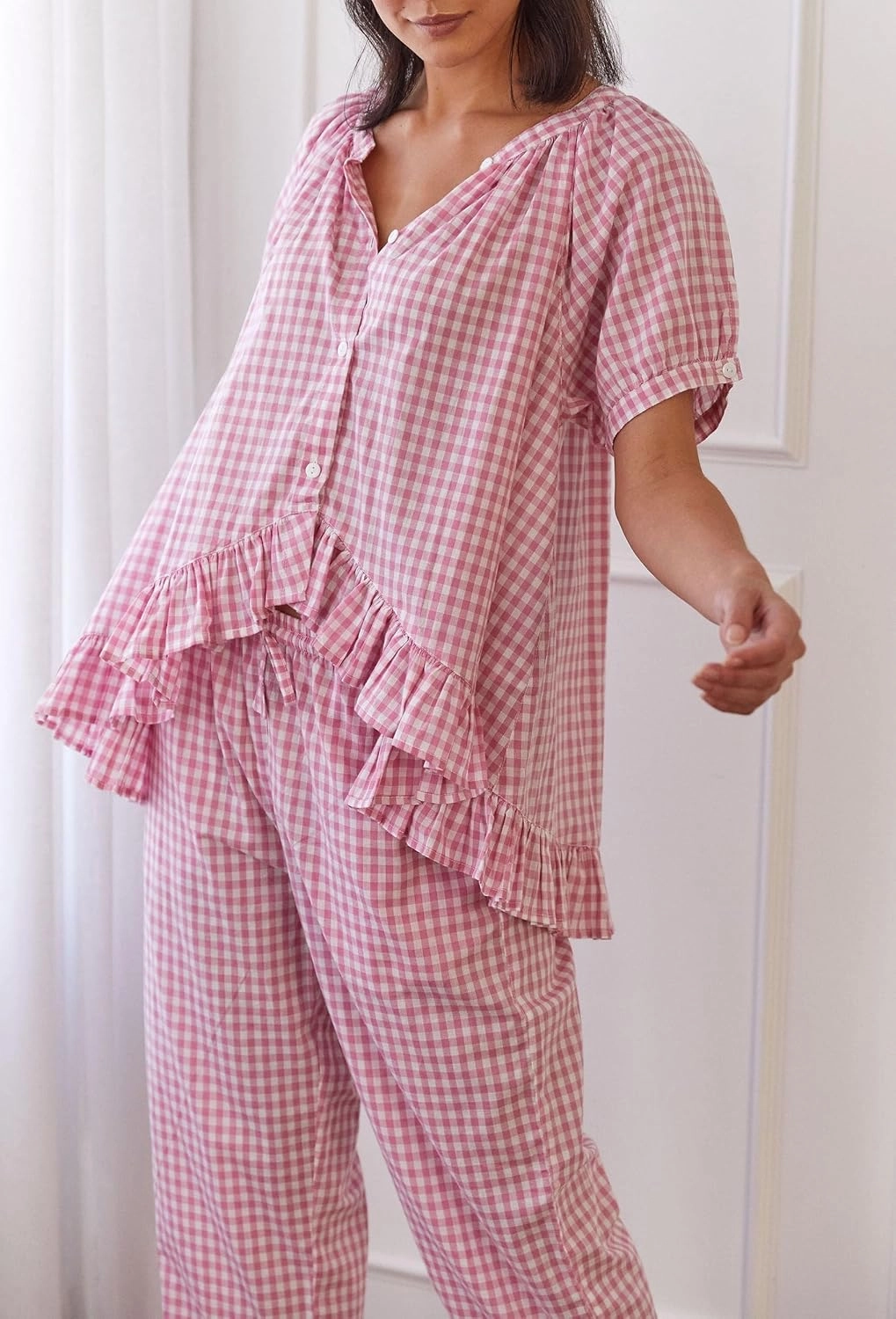 Argeousgor Women Plaid 2 Piece Pajama Set Button Down Puff Sleeve Babydoll Shirt Gingham Pants Pj Lounge Set Sleepwear