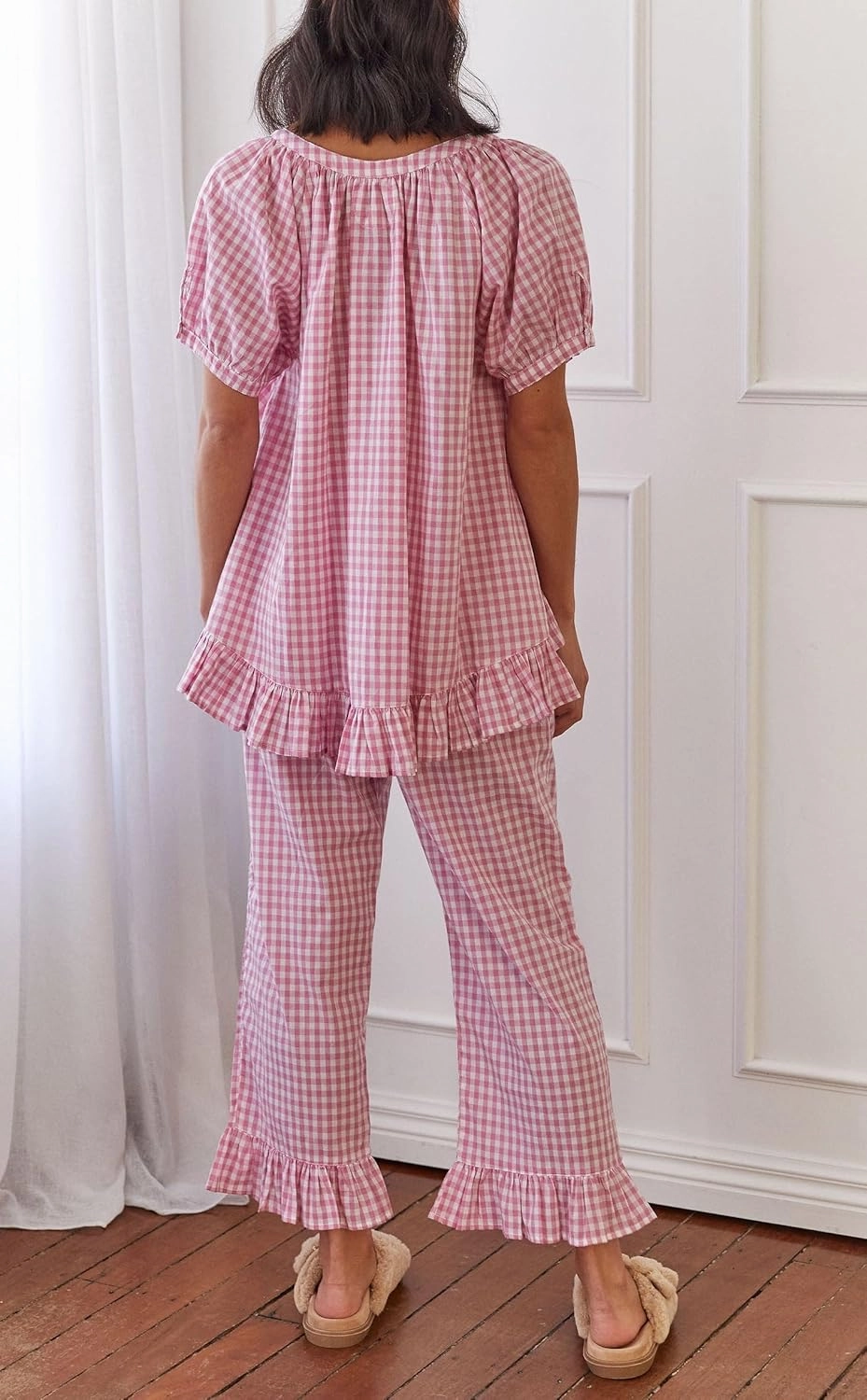 Argeousgor Women Plaid 2 Piece Pajama Set Button Down Puff Sleeve Babydoll Shirt Gingham Pants Pj Lounge Set Sleepwear